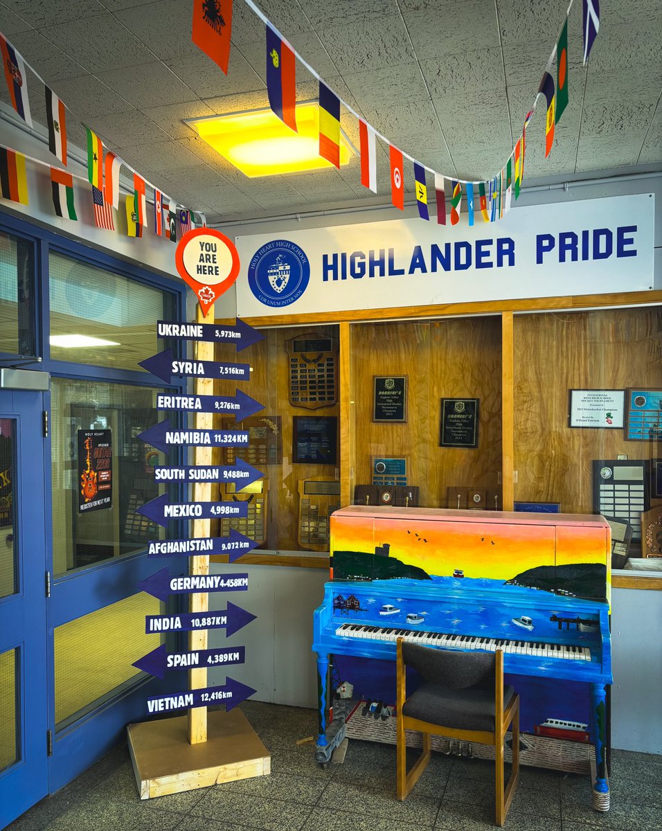 ErinCoates18's tweet photo. The EAL team along with the talented Mr. Murphy, worked hard for 3 weeks creating this beauty! The distance on each arrow indicates distance from NL and the arrows…well they point in no specific direction at all!#HHM @hhmoffice1 @jamieparsons75 @MrMurphy1238 @MCEd_NLschools https://t.co/TMJkHTMWwR