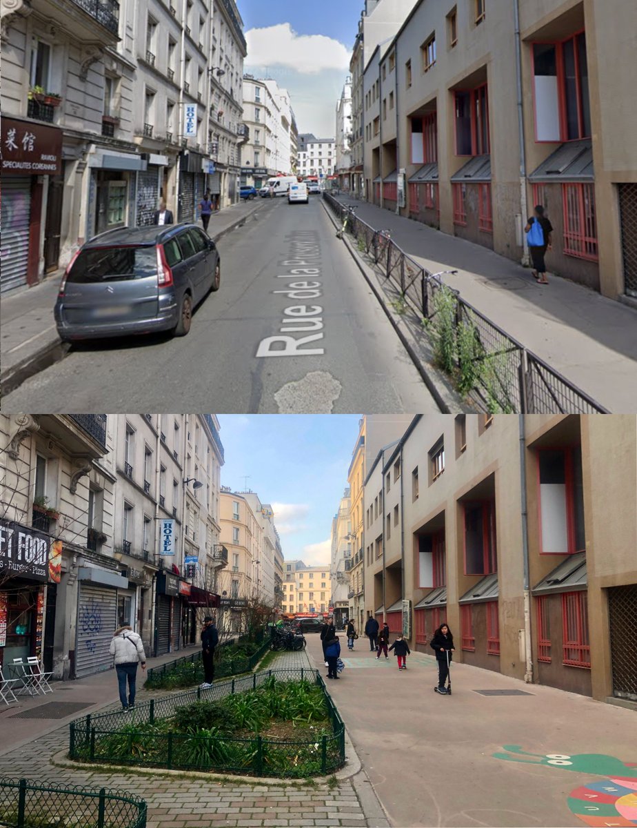 Quelques avant/après de rues aux écoles de Paris qui sont maintenant terminées depuis assez longtemps pour être toutes dans StreetView. Mais on n’a pas le réflexe de regarder les vues « avant » pour comparer, alors ces avant/après restent spectaculaires quand on les voit.