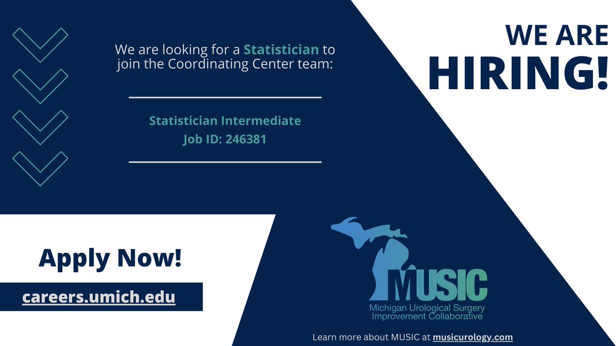 MUSIC Urology (@musicurology) on Twitter photo The MUSIC Coordinating Center is looking for a skilled Statistician to join our talented Statistician Team!
Apply Here: careers.umich.edu/job_detail/246…
<a href="/MichiganCQIs/">Michigan CQIs</a> #QIJobs #Nowhiring #Statistician The MUSIC Coordinating Center is looking for a skilled Statistician to join our talented Statistician Team!
Apply Here: careers.umich.edu/job_detail/246…
<a href="/MichiganCQIs/">Michigan CQIs</a> #QIJobs #Nowhiring #Statistician