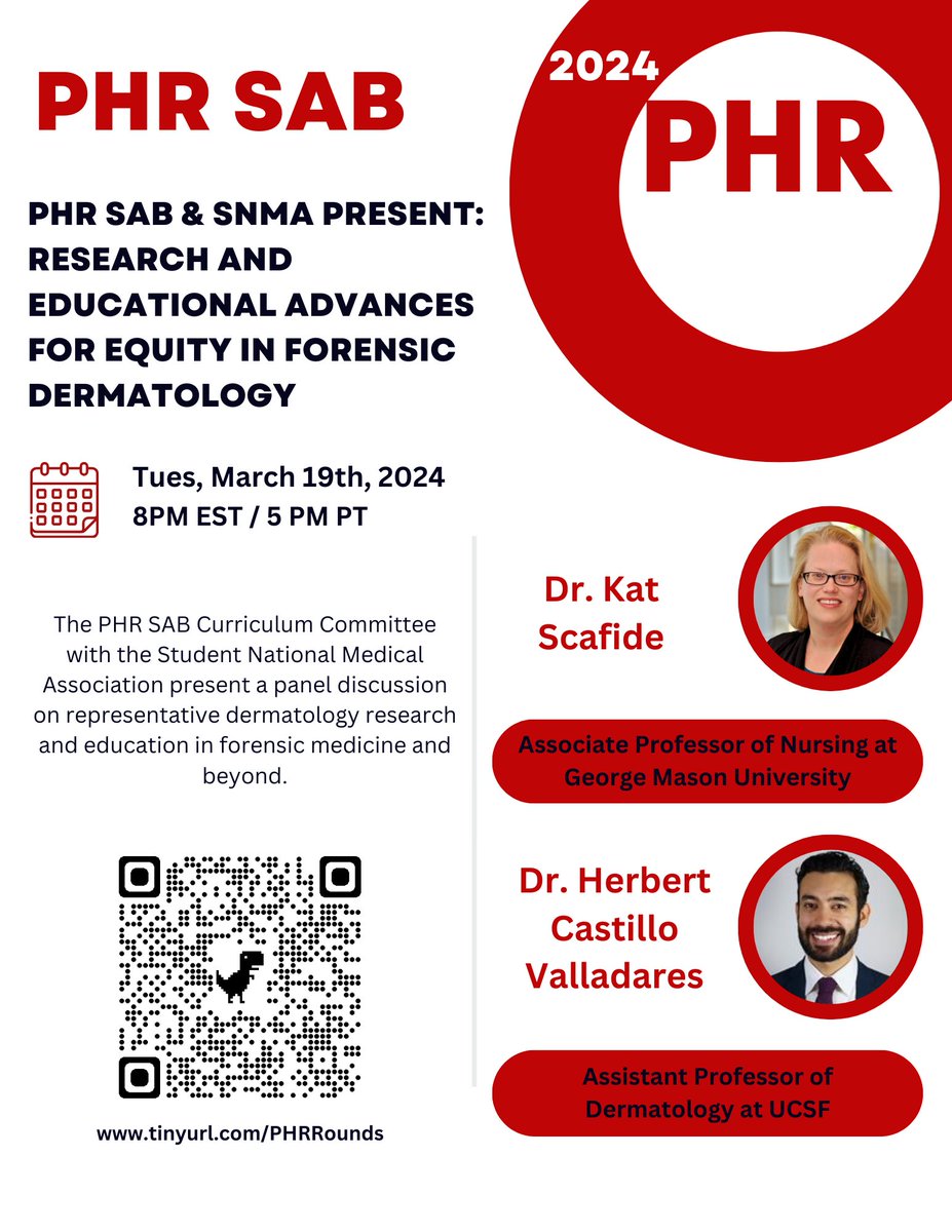 Join PHR SAB & SNMA for a Research and Educational Advances for Equity in Forensic Dermatology Panel on Tuesday, March 19 at 8pm EST! Register: tinyurl.com/PHRRounds