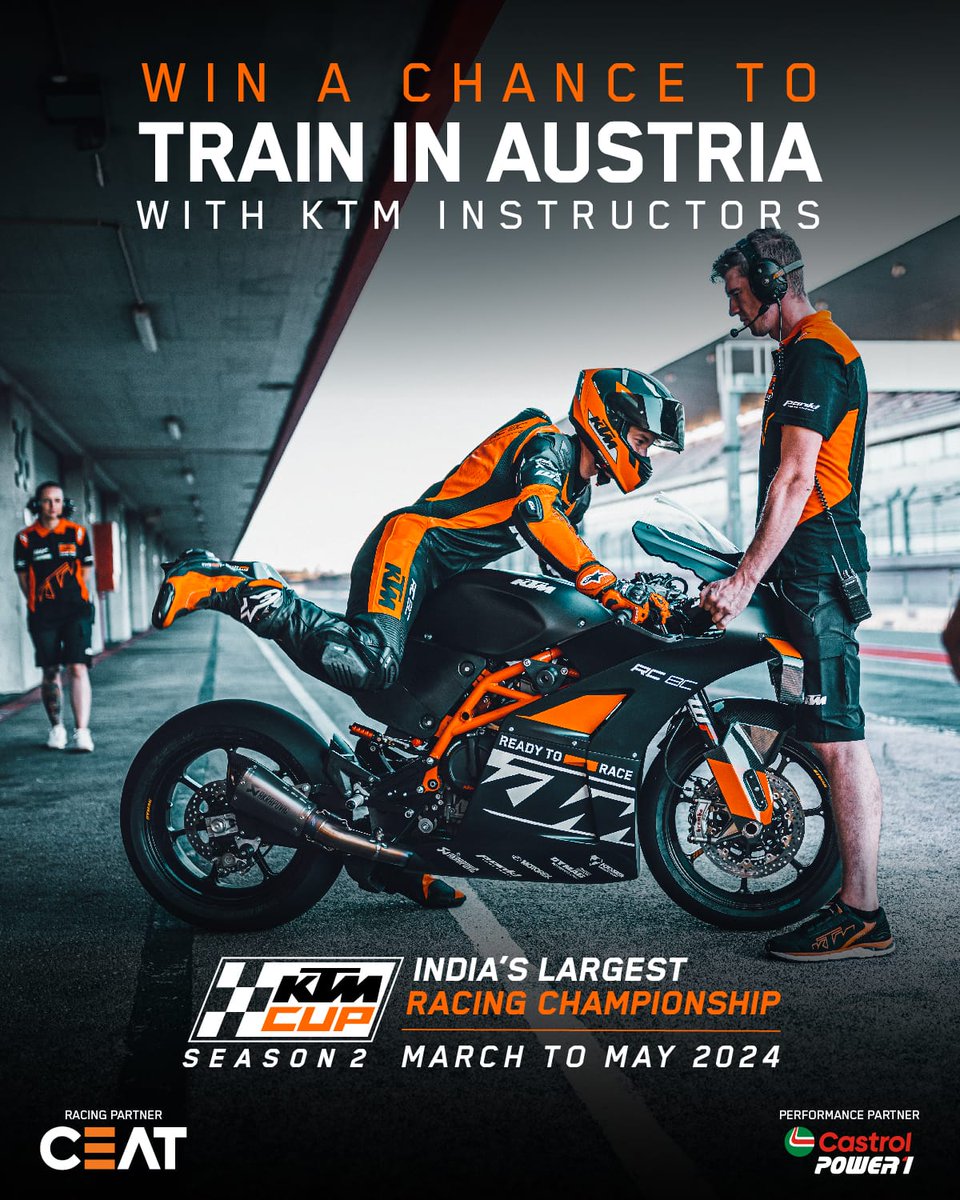 #KTMCUPSeason2 is bringing all the racing thrills right to you. Your chance to Win Big & train in Austria at the Academy of Speed. Performance partner @castrolbiking & Racing partner @CEATtyres Click: ktmindia.com/ktmcupseason2 #KTMIndia #ReadyToRace #CEATSTEELRADs #CASTROLPOWER1