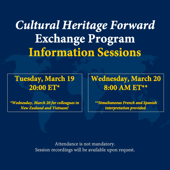 📢 NEXT WEEK! <a href="/GlobalSI/">Smithsonian Global</a> is hosting info sessions with <a href="/HeritageAtState/">Heritage at State</a> on Cultural Heritage Forward, a new exchange program on shared stewardship, ethical returns, and more. Hear from <a href="/SmithsonianNMAI/">National Museum of the American Indian</a> <a href="/SmithsonianFolk/">SmithsonianFolklife</a> <a href="/si_africanart/">Smithsonian National Museum of African Art</a> and learn more: s.si.edu/3V3rU1e