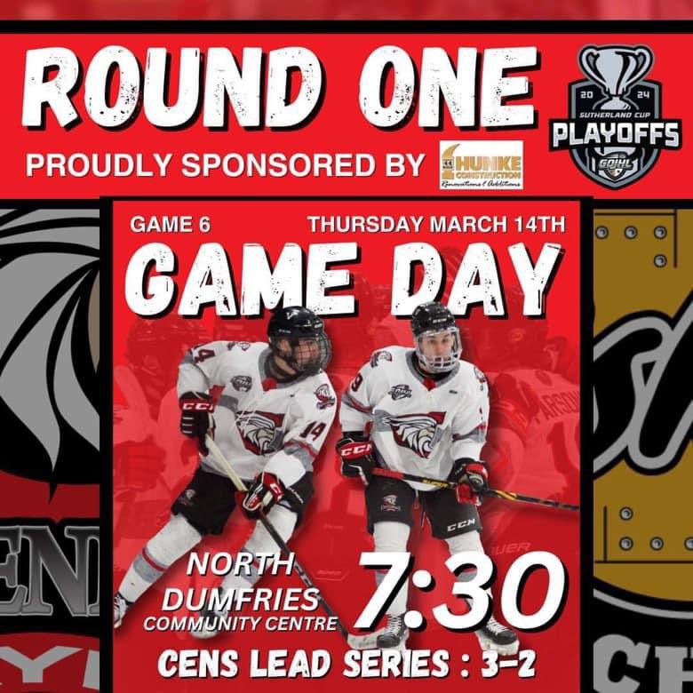 🚨Game Day Alert 🚨 

Our <a href="/AyrCentennials/">Ayr Centennials</a> will be facing off against the @KWSiskins Game 6 of their Playoff Series

Cens lead 3 to 2 in the series

⏰ 7:30pm
📍 NDCC
📺 <a href="/FloHockey/">FloHockey</a> 
📽️ <a href="/519sportsonline/">519 Sports Online</a> 
📣 Hunke Construction Inc. Sponsor

Let’s go Cens !!!  Let’s fill the NDCC!!