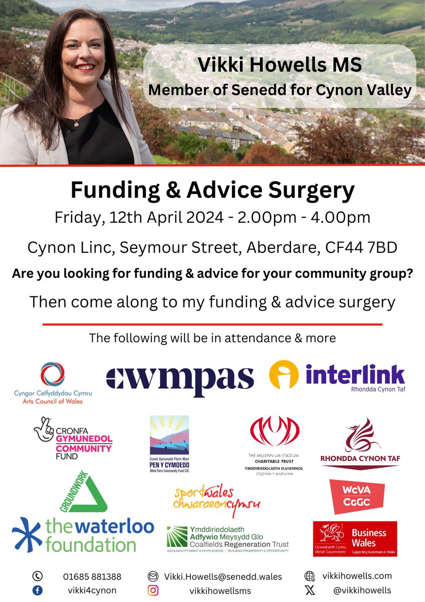 Voluntary groups throughout Cynon Valley make a real difference to our community on a daily basis. I'm holding a Community Group Funding and Advice Surgery at @CynonLinc on Friday 12th April, between 2pm and 4pm. All local groups are welcome – please share!