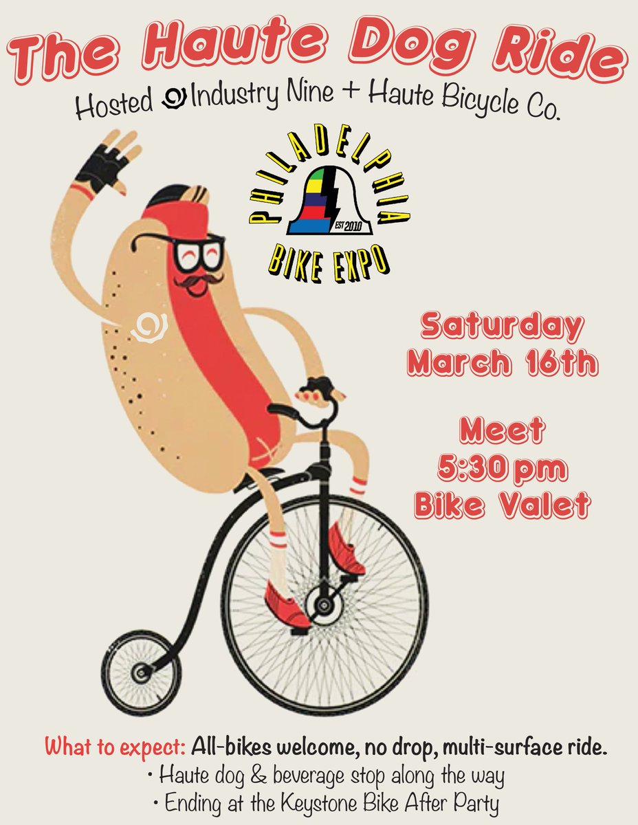 Another ride added to the schedule! That brings it to 12 rides to choose from! This one is hosted by @industry_nine and haute bike 🌭 🚲 schedule of events: phillybikeexpo.com/seminar-demo-g… 13th Annual Philly Bike Expo 🗓️ March 16 & 17, 2024 #phillybikeexpo #pbe2024 #pbesquad