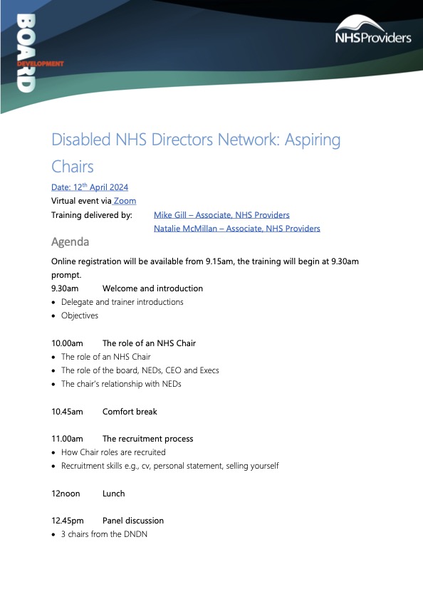 NHS_DNDN's tweet photo. The DNDN is proud to announce a **FREE** course for all those people who have a disability and aspire to become an NHS Chair. Please pass on to your networks and access this fantastic course with some immensely experienced speakers. https://t.co/LQ9e7FYpAS