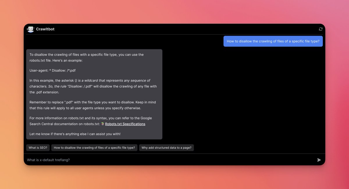 ✨ SEO yolculuğunuzu kolaylaştırmak için Google'ın kendi kaynaklarını kullanarak güncel ve ücretsiz bir chatbot olan Crawlt SEO Helper'ı yayına aldım. Güncel olarak yaklaşık 500K'lık bir kelime verisine dayanıyor. 🤖

Tamamen Google'ın yönergelerine dayanan içgörüler sunmayı ve