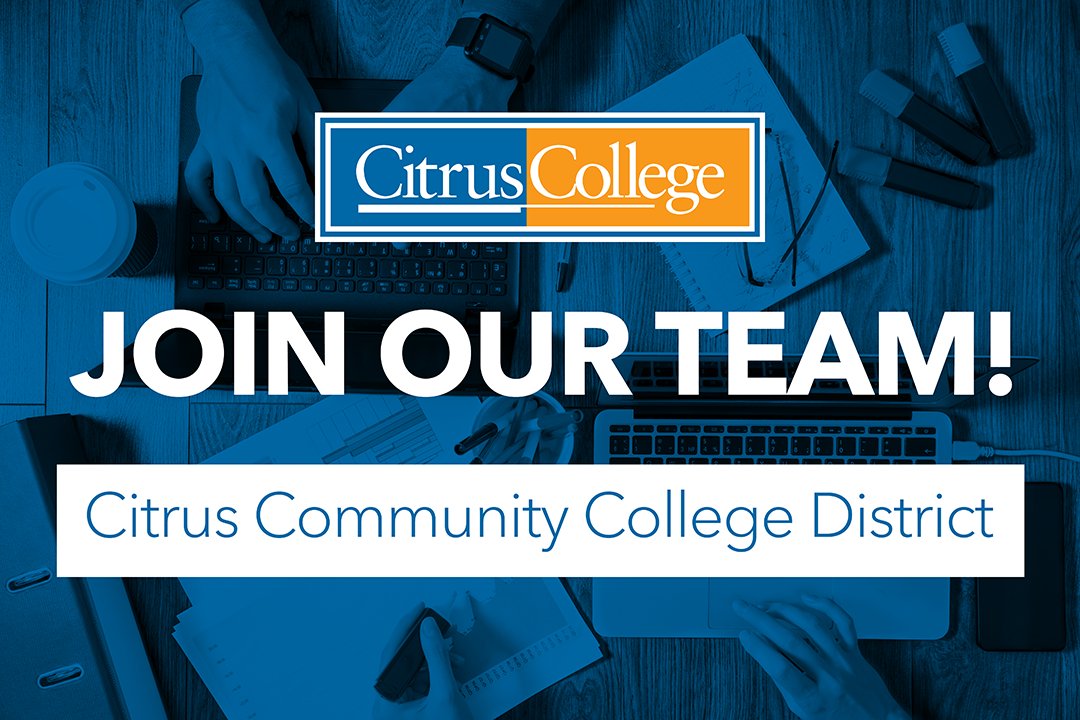CitrusCollege's tweet photo. Citrus College is hiring!

• Campus Safety Officer II
• Dean of Language Arts &amp; Library
• DSPS Counselor / Learning Disabilities Specialist
• Ethnic Studies Instructor
• Financial Aid Advisor
• Nursing Instructor
• Warehouse Assistant

Apply today! https://t.co/YSFGoCoQ2r https://t.co/TcYarCLPMD