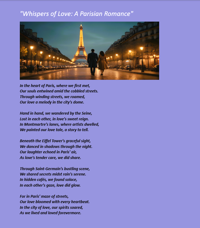 'Step into the enchanting streets of Paris and let love's melody carry you away.' ❤️ #ParisianRomance #LoveStory #CityOfLove #ParisDreams #RomanticGetaway #WritingCommunity #PoetryCommunity #WritersLife #AuthorsOfTwitter #PoetsOfTwitter #AmWriting  #VerseOfTheDay .E.