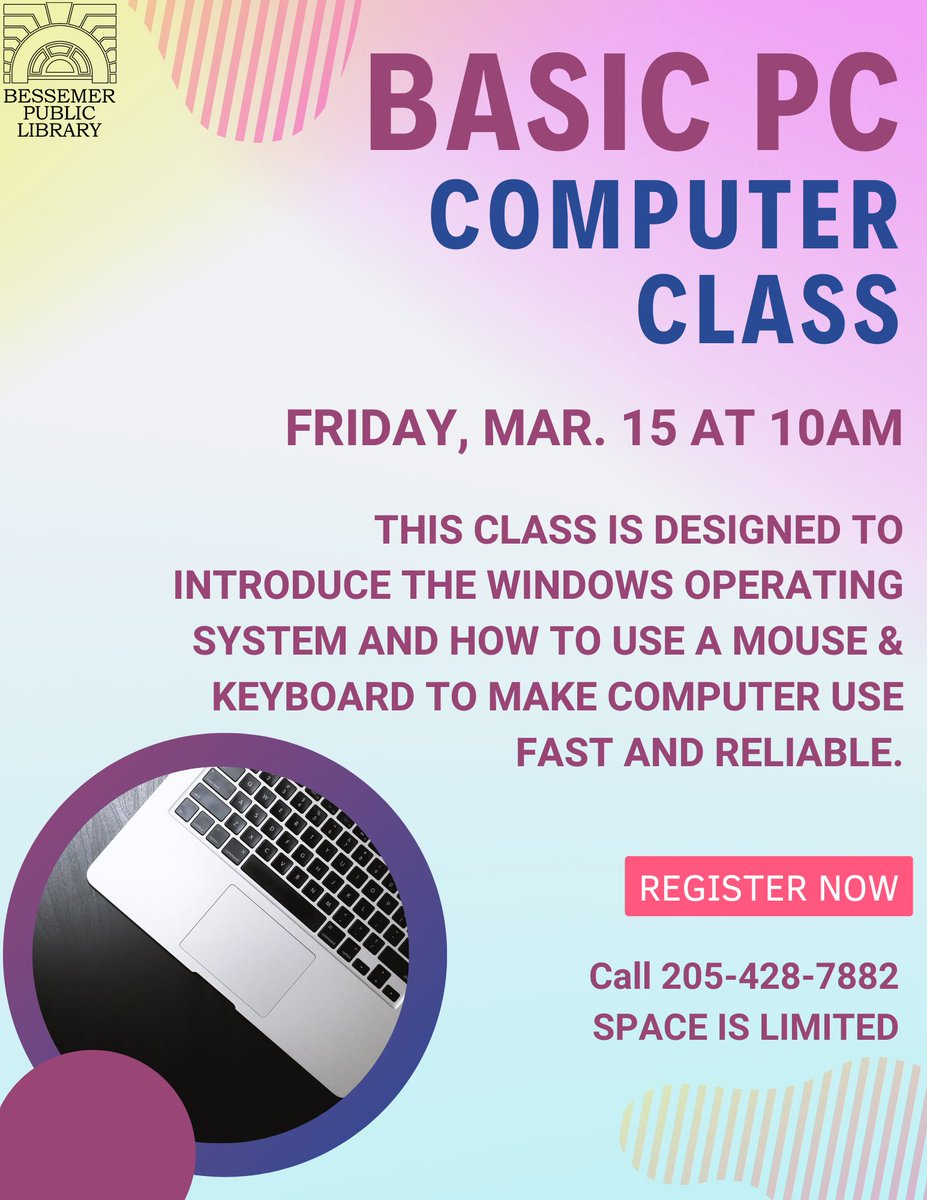 Bessemerlibrary's tweet image. Tomorrow, March 15th @ 10AM is our Basic PC Computer Class! Hope to see you there!
Registration is required for all computer classes. To register call 205-428-7882. Space is limited.
#besslibrary #pcbasics #computerclass
