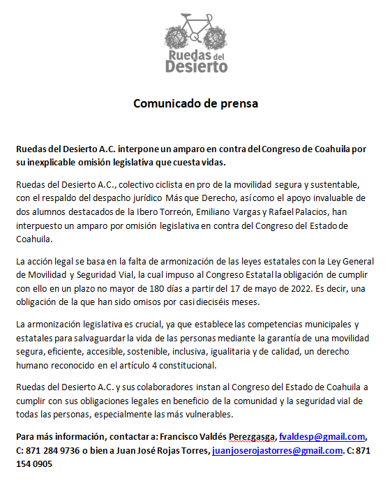 ruedasdesierto's tweet photo. El día de hoy damos a conocer el amparo que interpusimos contra el Congreso de Coahuila por su inexplicable omisión al no armonizar las leyes estatales con la Ley General de Movilidad y Seguridad Vial.
Algo que debieron hacer hace más de 16 meses. https://t.co/URn8u6Bjjq