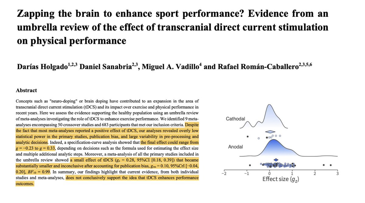 Brain stimulation for athletic performance - don’t believe the hype.

New review of 9 meta-analyses shows that the performance effects of tDCS are small, and when corrected for publication bias, inconclusive.