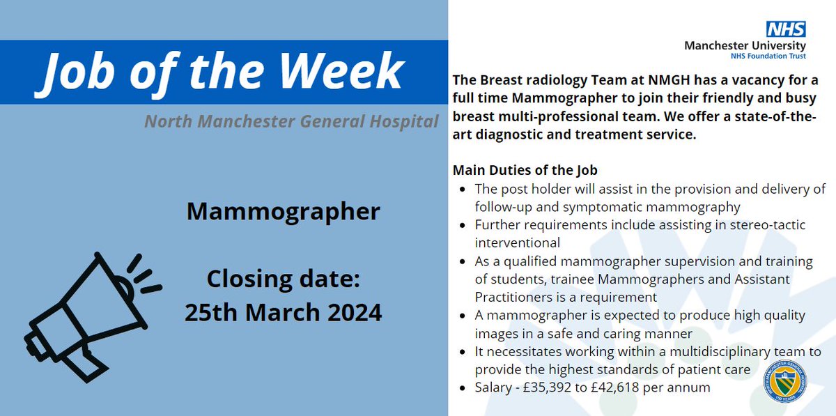 VACANCY: Mammographer - North Manchester General Hospital. Come and join #teamNMGH family and help shape a very bright future. jobs.nhs.uk/candidate/joba…