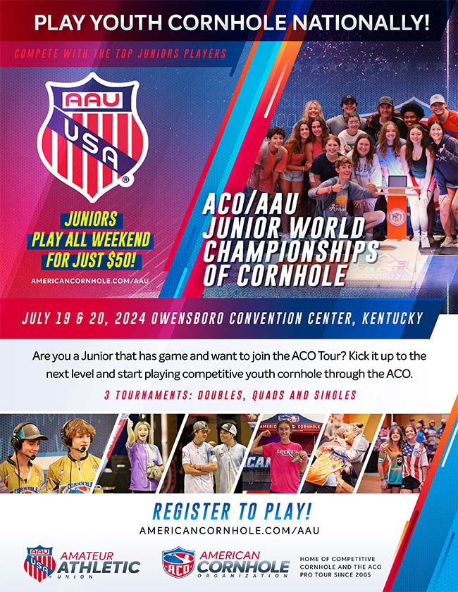 Looking for a new challenge ⁉️ The @ACO/AAU Junior World Championships of Cornhole is coming and we want you to be a part of it! Come play Cornhole Nationally ‼️ Register Now - americancornhole.com/AAU/ #AAUSports #AmericanCornhole #ACO