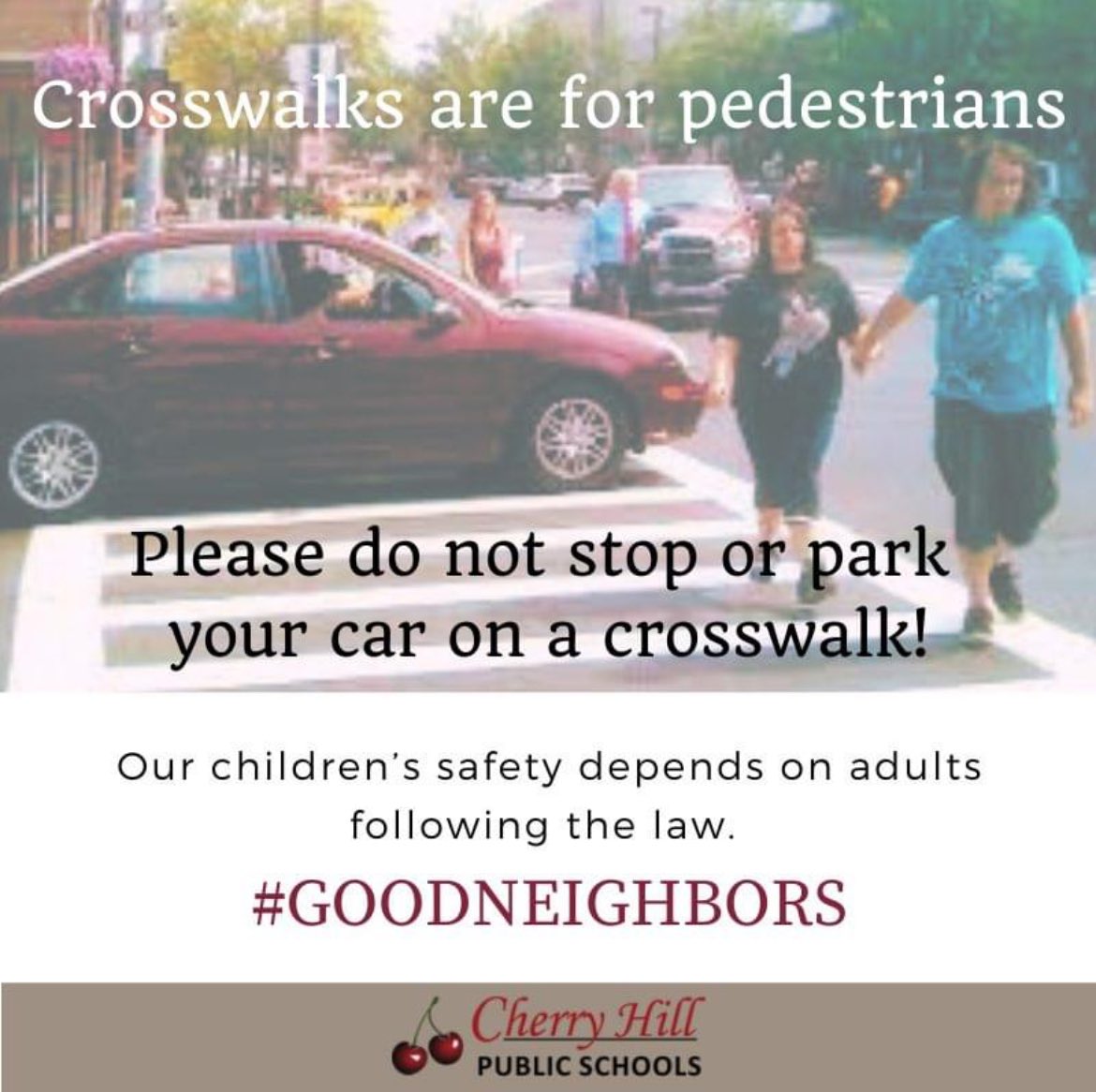 IMPORTANT REMINDER: Crosswalks are for pedestrians. Please do not stop or park on crosswalks! The safety of our students depends on adults following the law. #WEareCHPS #GoodNeighbors