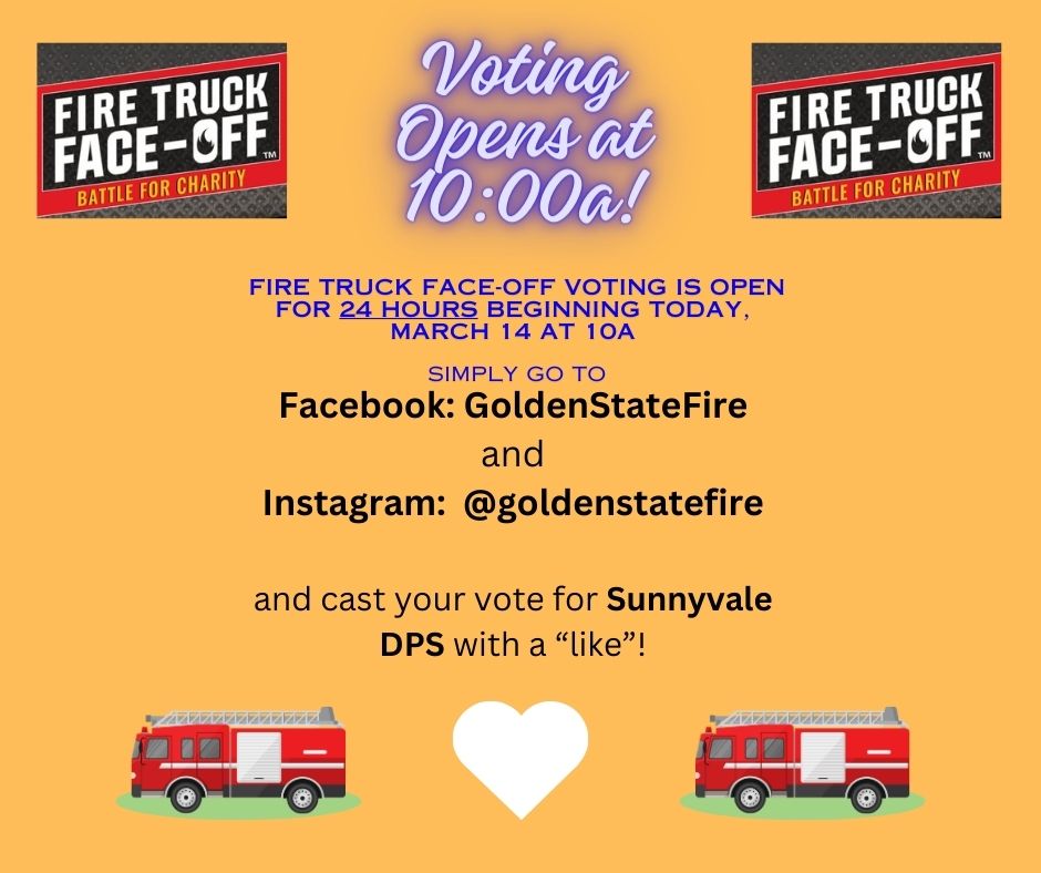 Our first match of the Fire Truck Face-Off (FTFO) begins at 10a TODAY! The voting period is 24 hours, so spread the word to coworkers, friends & family to cast their votes beginning at 10a! Sunnyvale Community Services could win $2,000.00!