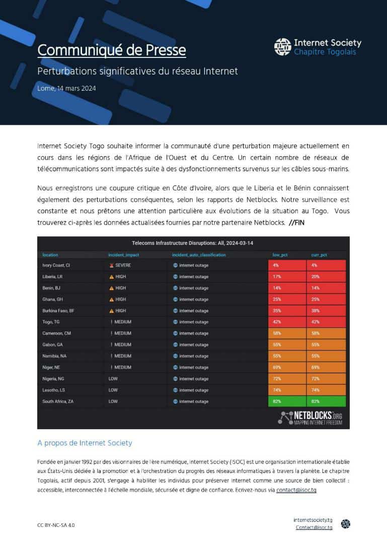🔴ALERTE🔴

Internet en Afrique paralysé par des coupures de câbles sous-marins. L'Afrique de l'Ouest et du Centre fortement touché. 
Les détails ici 🔽

@Isoc_Togo <a href="/emmavitus/">Emmanuel Vitus</a>