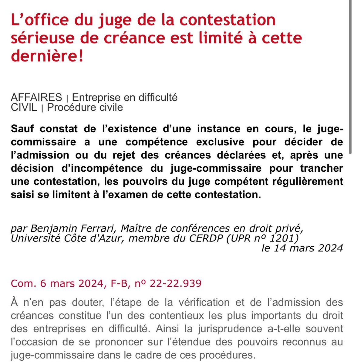 Retrouvez au <a href="/Dalloz/">Editions Dalloz</a> actualité du jour, mes observations à propos d’un arrêt portant sur les limites de l’office du juge de la contestation sérieuse de créance ⬇️ <a href="/cerdp1201/">CERDP</a> <a href="/DroitScPoNice/">DroitSciencePoNice</a>