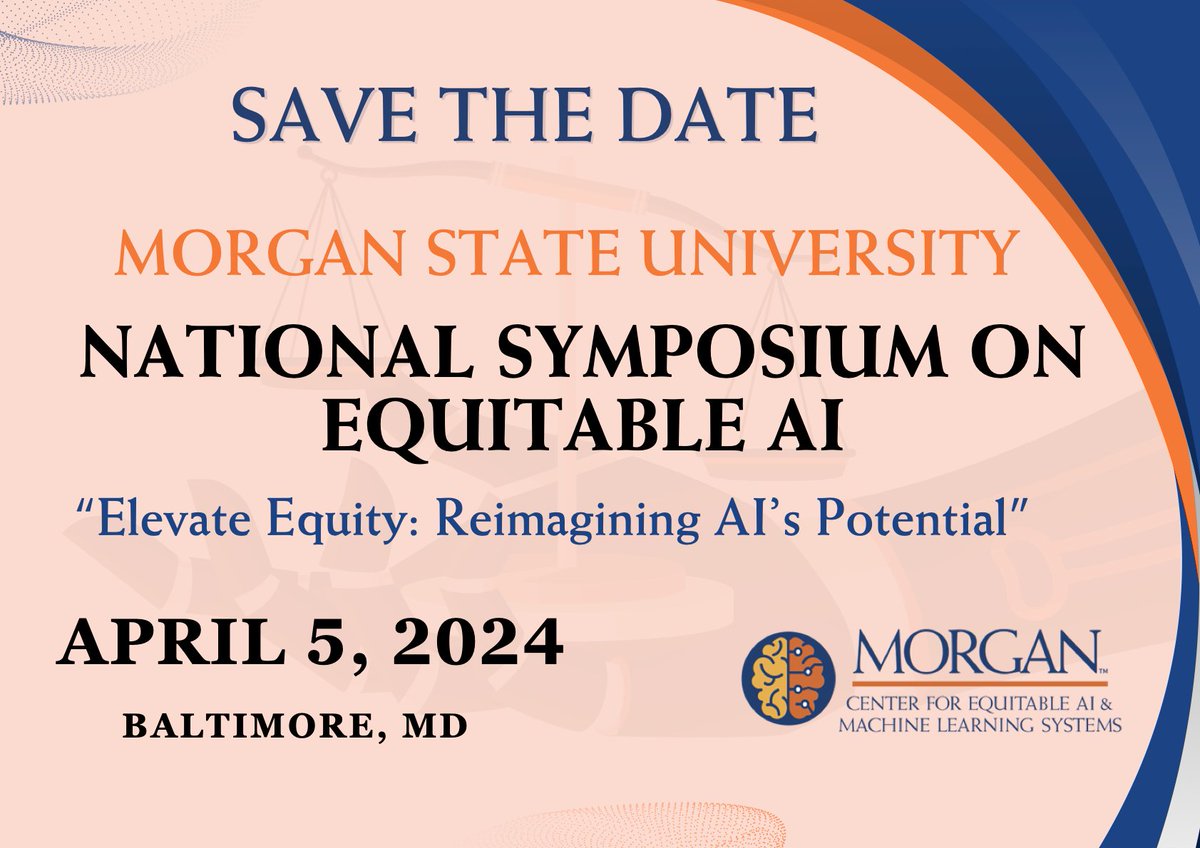 Discuss the past, present and future of AI on April 5 @MorganStateU's first annual National Symposium on Equitable AI. Learn more and register: morgan.edu/ceamls/equitab…