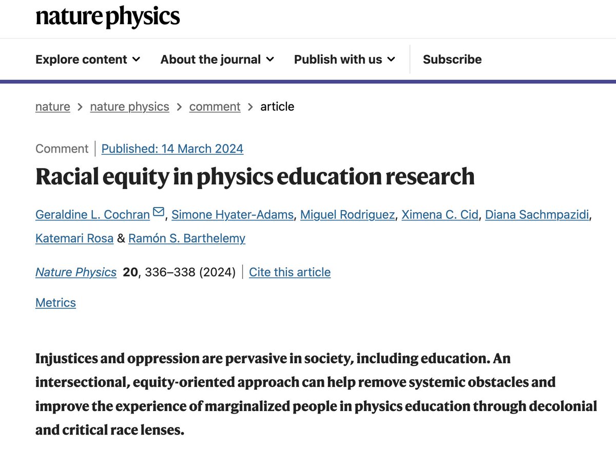 Excited to share our new article on Racial Equity in Physics, published in @NaturePhysics! @ximenaccid1 @dr_sizmonee nature.com/articles/s4156…