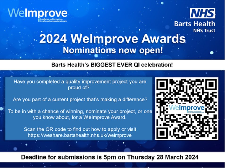 Super excited to be part of the @WeImproveBH awards this year. Can’t wait to hear some of the teams come and share their Qi Journey! There’s still time to get your nominations in @NHSBartsHealth staff