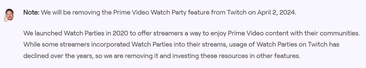 zachbussey's tweet photo. Twitch is shutting down the Prime Video Watch Party feature on April 2, 2024, as "Usage of Watch Parties on Twitch has declined over the years."

#TwitchNews #TOSgg https://t.co/dSqvQaCt4c