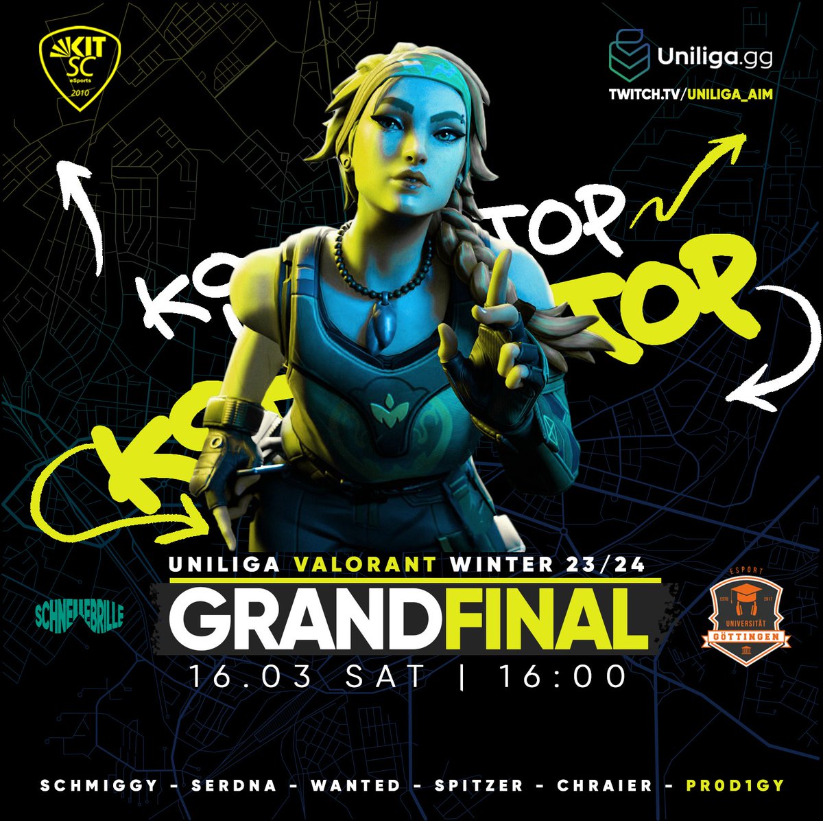 Valorant Finale am 16.03.24 um 16:00! KIT SCHNELLEBRILLE 2.0 trifft auf den Titelverteidiger ESUG GOEttlike <a href="/esugesports/">Esport Union Göttingen</a>
KIT geht natürlich trotzdem als Favorit ins Rennen #KITONTOP 🎮🏆
Wer nicht live auf der @Gamescomlan dabei sein kann  wie gewohnt auf twitch.tv/uniliga_aim
