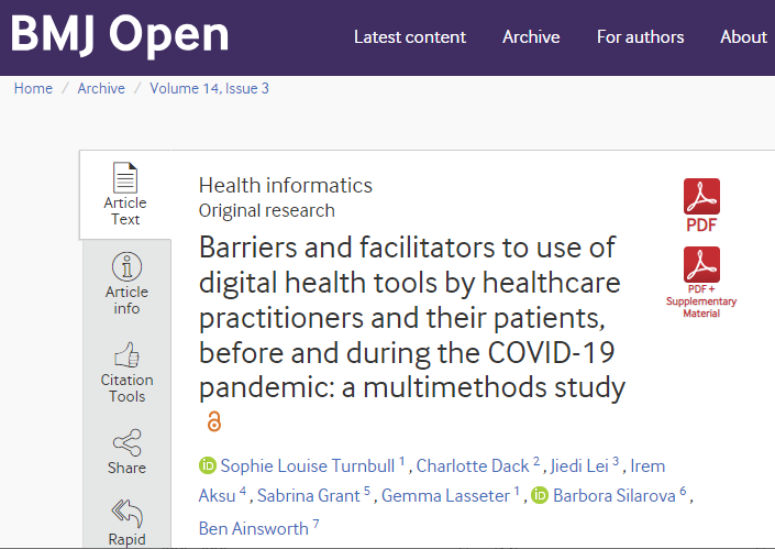 New @BMJ_Open paper by Sophie Turnbull et al: 🔹identifies the key barriers & facilitators influencing adoption of digital health technologies in #PrimaryCare during #COVID19. 🔹makes recommendations to enhance their integration & effectiveness. See: bmjopen.bmj.com/content/14/3/e…