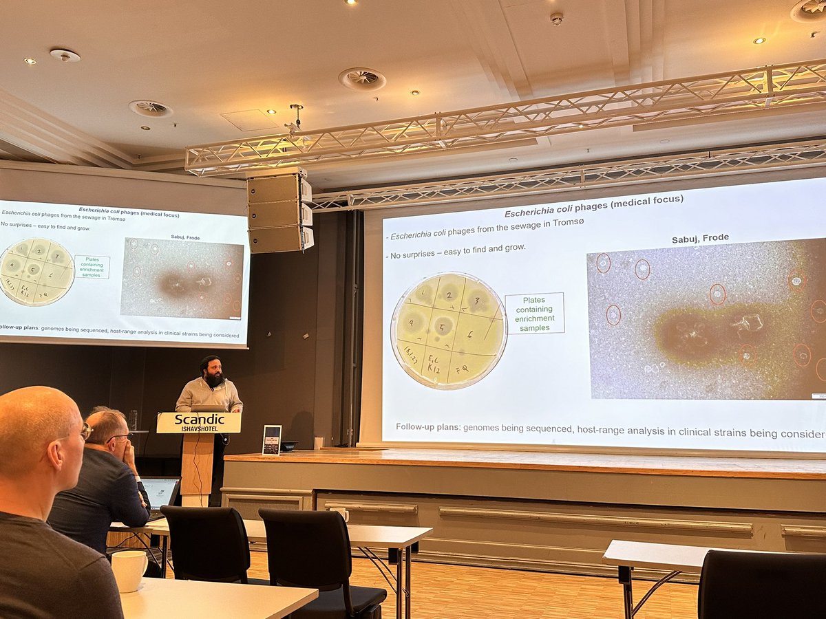 #Phagetherapy on stage! Gabriel de Freitas Almeida gets us up to speed on his efforts to discover and culture phages in the Arctic.

Focus on:
- understanding marine phages 🧫
- use phages in aquaculture 🐟
- use phages for medical treatment 🩺

#NordicAMRConference