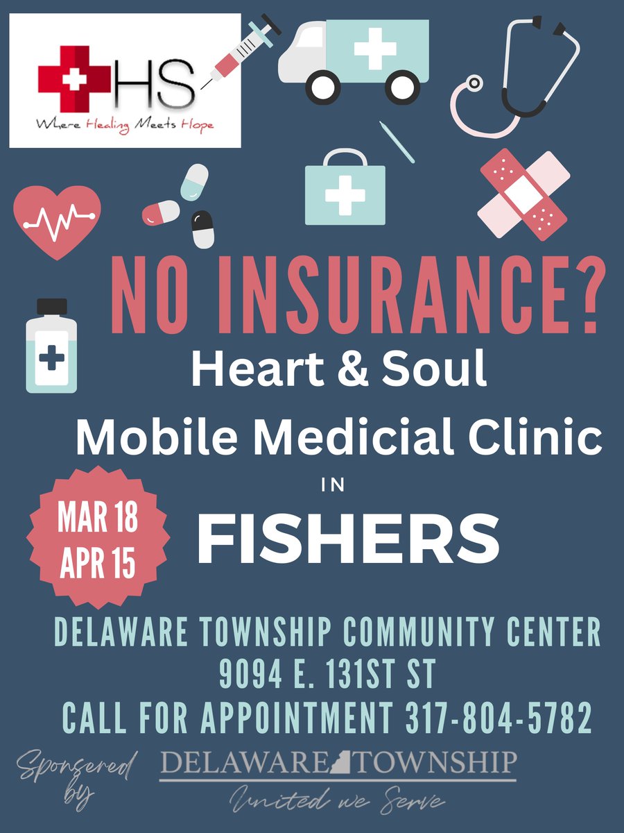 Mark your calendars! Starting March 18, the Heart & Soul Clinic will be at Delaware Township Community Center every third Monday of the month! Dedicated to serving those with limited or no current health coverage and actively scheduling appointments at 317.804.5782. #FishersIN