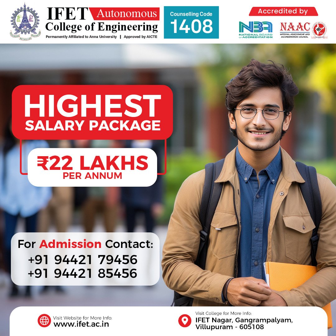 CeIfet's tweet photo. Embark on a journey of success with IFET! ๐ผ
๐ซOur students have shattered records, securing an astounding 22 lakhs per annum as the highest Salary package. ๐
Think Placement! Think IFET!
For admission detail,
๐94421 79456
#IFET
#SuccessStory
#TopPlacement
#DreamBig https://t.co/yiz7nvS1nE