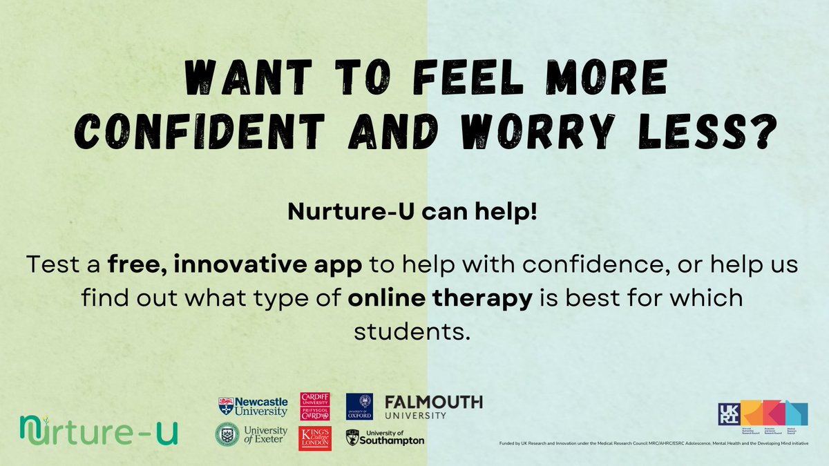 Edward Watkins (@erwatkins2) on Twitter photo For online distance learners may be worth knowing <a href="/NurtureUni/">Nurture-U</a> has a national project to test digital app to build #confidence #selfesteem & reduce worry in #students & examine digital #therapy for #anxiety #depression for UK students on #UniMentalHealthDay
nurtureuniversity.co.uk/reducingworry For online distance learners may be worth knowing <a href="/NurtureUni/">Nurture-U</a> has a national project to test digital app to build #confidence #selfesteem & reduce worry in #students & examine digital #therapy for #anxiety #depression for UK students on #UniMentalHealthDay
nurtureuniversity.co.uk/reducingworry