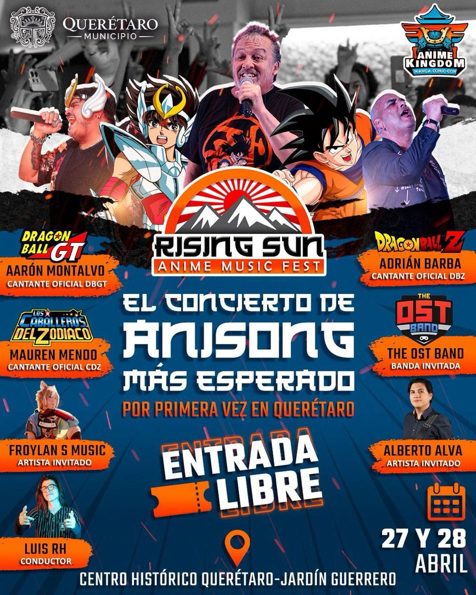 ¡#Querétaro! Este 27 y 28 de ABRIL estaremos homenajeando vida y obra de #AkiraToriyama con leyendas del #anisong como #AdrianBarba , #MaurenMendo y #AaronMontalvo. ¡Concierto gratuito! para fesejar todos genkidamos. ¡Nos vemos!

#TheOSTBand 
#GeekRock
