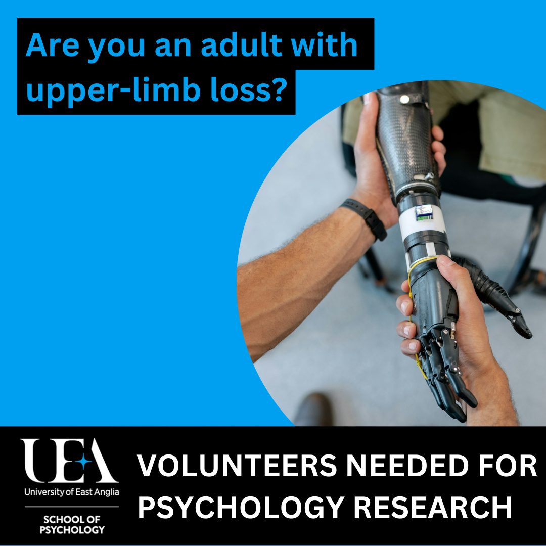Please RT! Volunteers with upper-limb loss needed to help our exciting research! Are you an adult with upper-limb loss in East Anglia and interested in attending a 2-hour research session at the UEA, Norwich? To to find out more please sign up here: bit.ly/3wE77ah
