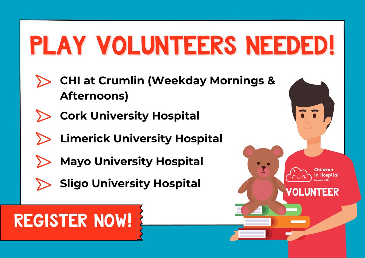 Applications are still open for play volunteers in the following hospitals! Engage with children and young people through games, arts and crafts, games and more. Only 2 hours, once a week. For more information or to apply see here - childreninhospital.ie/volunteer-vaca…