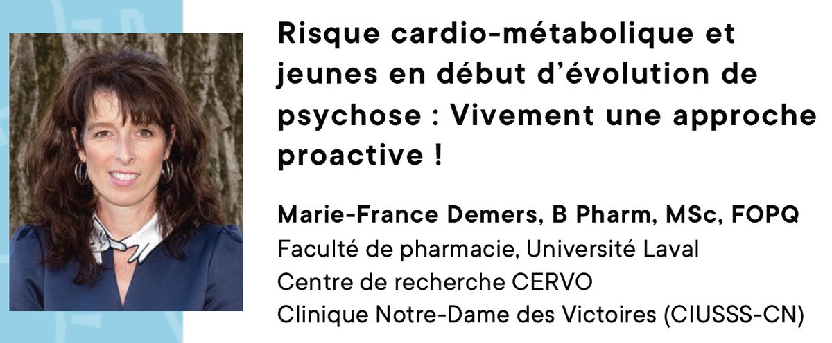 Very excited to host my colleague Marie-France Demers for the #ObesitySeminarSeries of @IUCPQ next Wednesday to discuss cardiometabolic risks in young people with first-episode psychosis. Thanks to our sponsors @NovoNordiskCA& @EliLillyandCo.