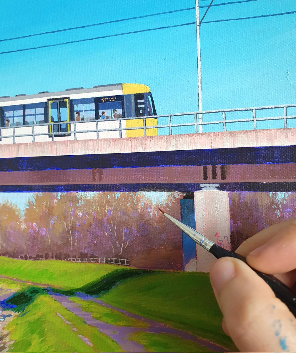 A small area of a much larger piece I'm working on. Yes that is people on the tram! I don't normally do people! 😬
#paintinginprogress #manchester #metrolink #rivermersey