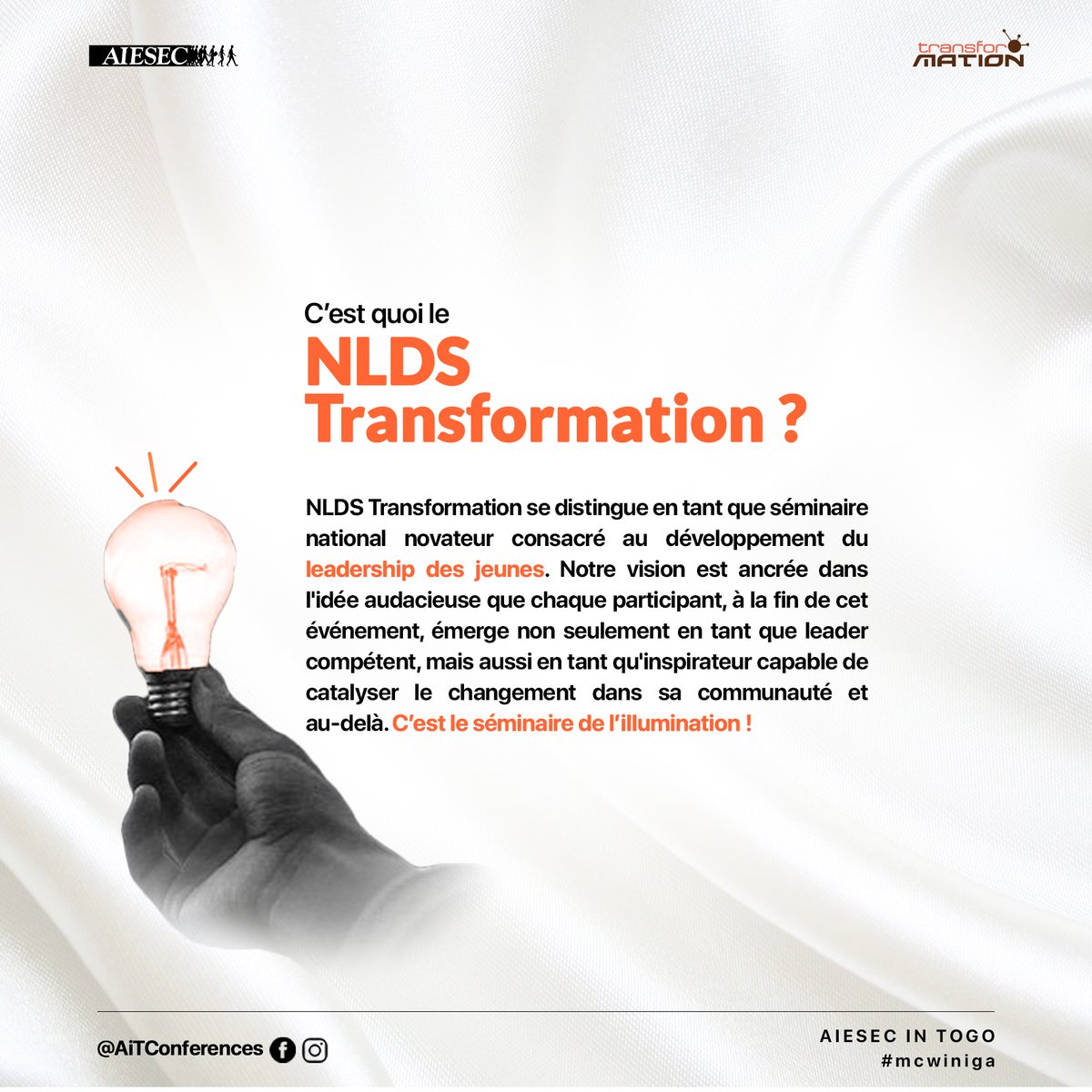 Le NLDS Transformation vise à offrir une immersion dans la découverte de soi, encourager le brassage culturel et à établir des liens professionnels solides, tout en promouvant le développement durable.

Soyez prêt à participer à ce séminaire.#NLDS2024 #Leadership  #AIESECTogo