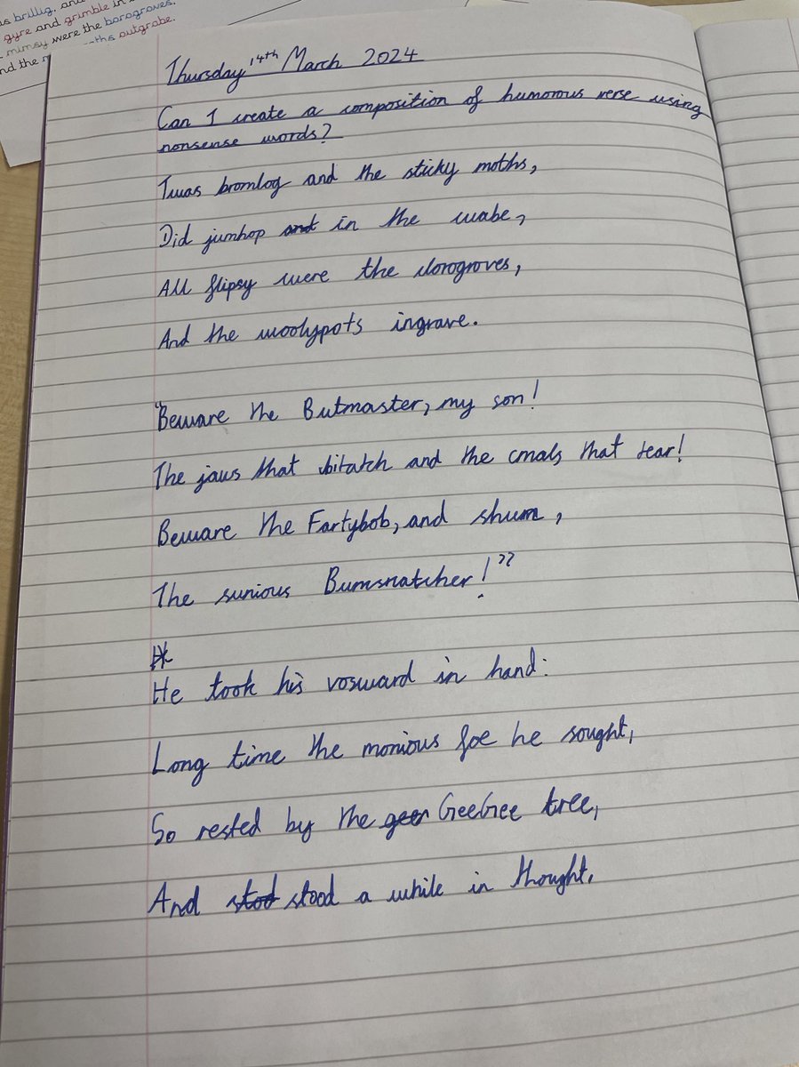 mrsdraperteach's tweet image. I have loved teaching the ‘The Jabberwocky’ writing root the last 2 weeks. Evidently my class have loved it as well. Their innovated poems are amazing. Who knew creating portmanteaus could be so fun as well!!! @theliteracytree @Ashford_Park #poetry #nonsensewords #funwithwords