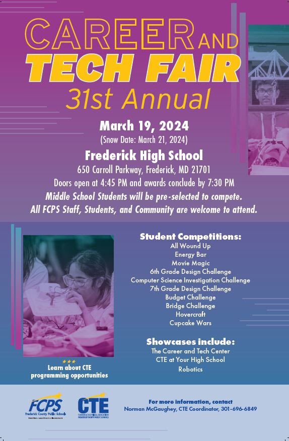 FCPSCTE's tweet photo. Come to Frederick High School,  5:00pm on Tuesday 3/19 for the 31st annual Career and Tech Fair. 

In addition to CTE competitions, we will have 7 different Robotics clubs showcasing their bots and opportunities for students! 

Students, staff, community member 
 @FCPSMaryland https://t.co/sDsj8UDAe6