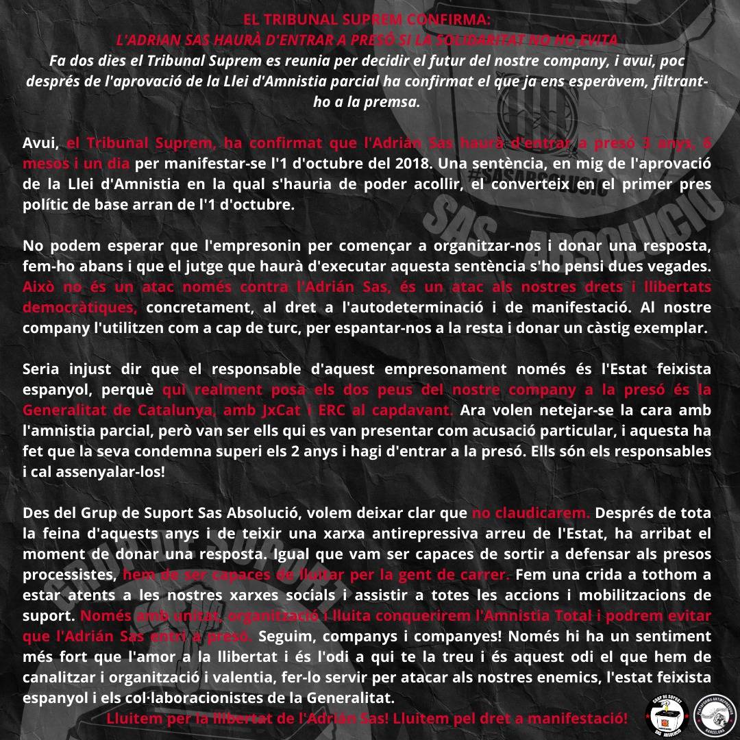 🛑 Atenció. Comunicat oficial 🛑

⚠️ Convoquem concentració de resposta avui a les 20h a la pl de la Vila. Vilafranca del Penedès.

#SasAbsolució
#AmnistiaTotal