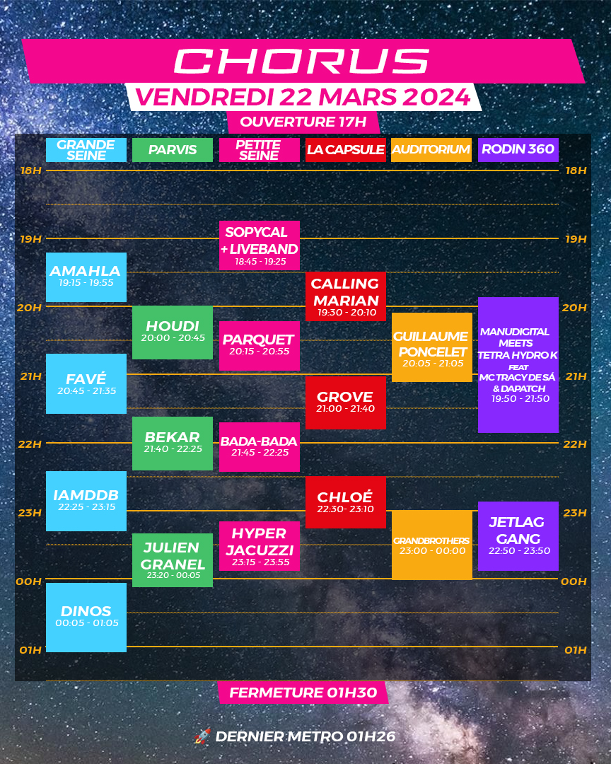 festivalchorus's tweet photo. HORAIRES DU WEEK-END⏰ Synchronisation des montres 💫 À toi de savoir quelles galaxies tu veux contempler le week-end prochain !
🚀 Vole prendre ta place si ce n’est pas déjà le cas !
💁🏻‍♀️Toutes les infos pratiques sont sur notre site !
https://t.co/Awgvyq8uno
#chorus24 #festival https://t.co/mcNW9QjSvR