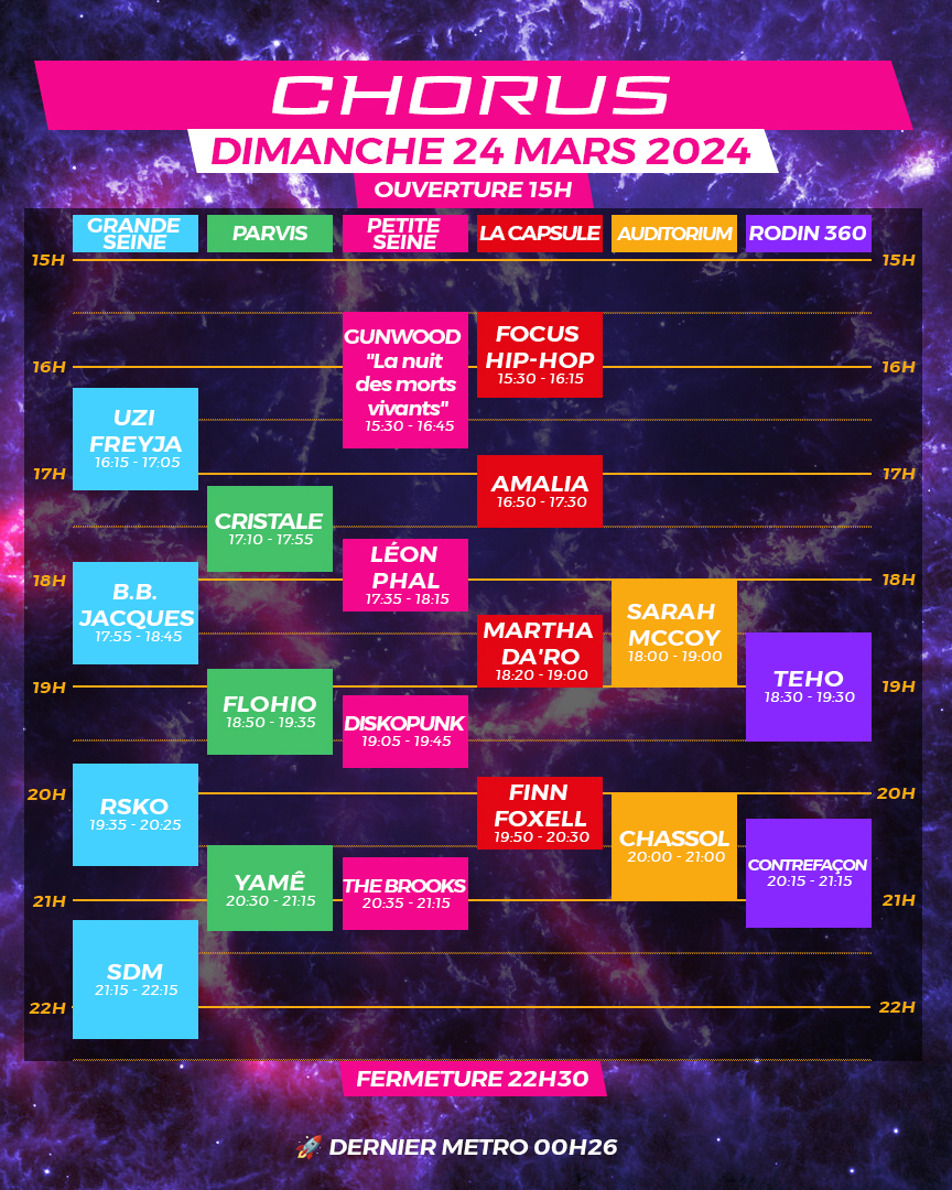 festivalchorus's tweet photo. HORAIRES DU WEEK-END⏰ Synchronisation des montres 💫 À toi de savoir quelles galaxies tu veux contempler le week-end prochain !
🚀 Vole prendre ta place si ce n’est pas déjà le cas !
💁🏻‍♀️Toutes les infos pratiques sont sur notre site !
https://t.co/Awgvyq8uno
#chorus24 #festival https://t.co/mcNW9QjSvR