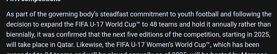 Every now and then, FIFA do something jaw-dropping. Abnouncement that the U17 World Cup will now take place every year and the first FIVE editions will all be in Qatar!