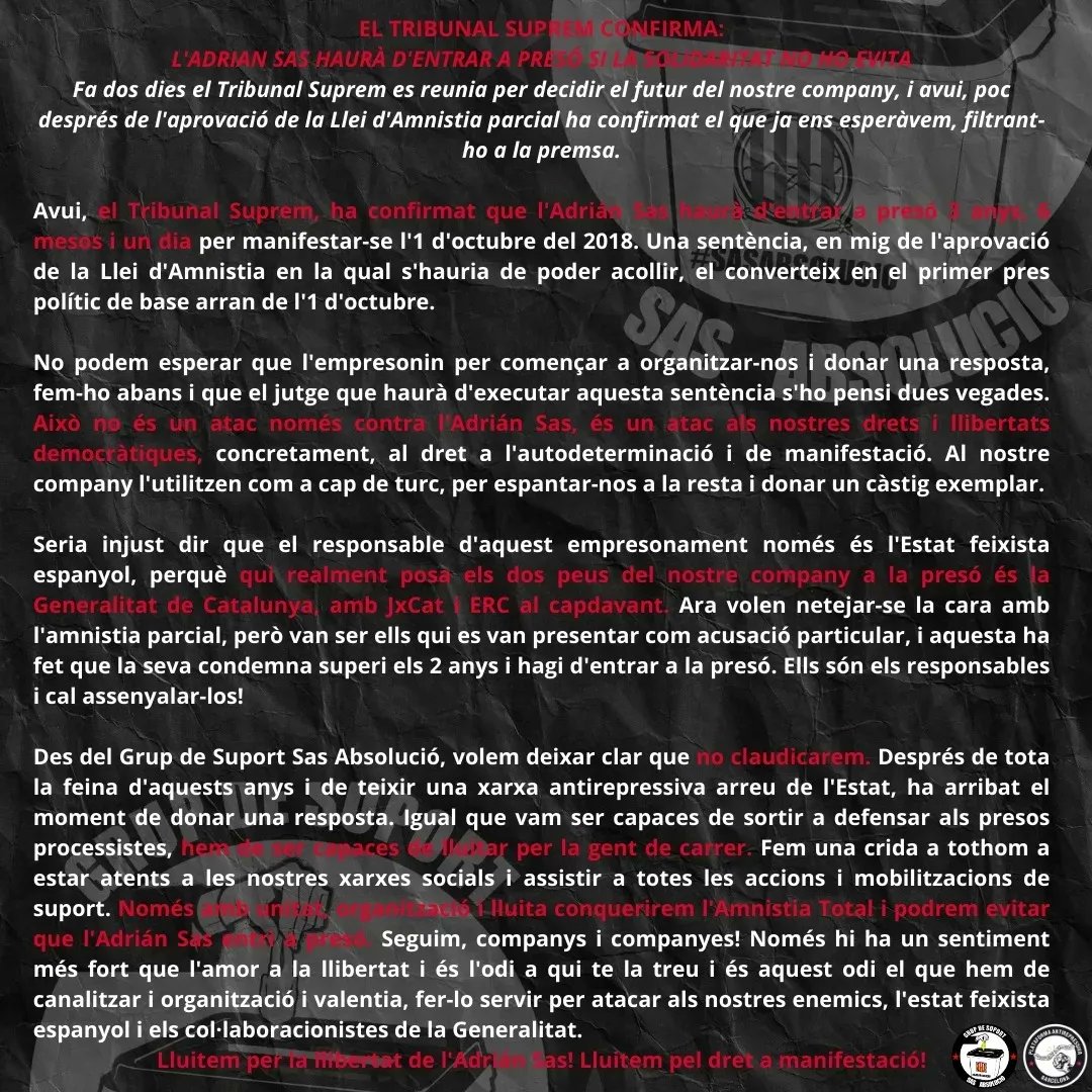 sasabsolucio's tweet photo. 🛑 Atenció. Comunicat oficial🛑

⚠️ Convoquem concentració de resposta avui a les 20h a la pl de la Vila. Vilafranca del Penedès. https://t.co/qHJ54CqIt6