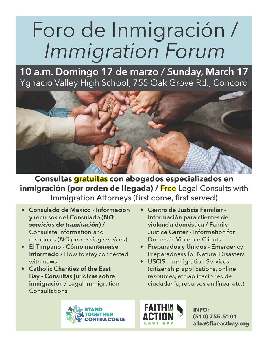 StandTogetherCC's tweet image. Foro de Inmigración / Immigration Forum
Consultas gratuitas con abogados especializados en
inmigración (por orden de llegada) / Free Legal Consults with Immigration Attorneys (first come, first served)