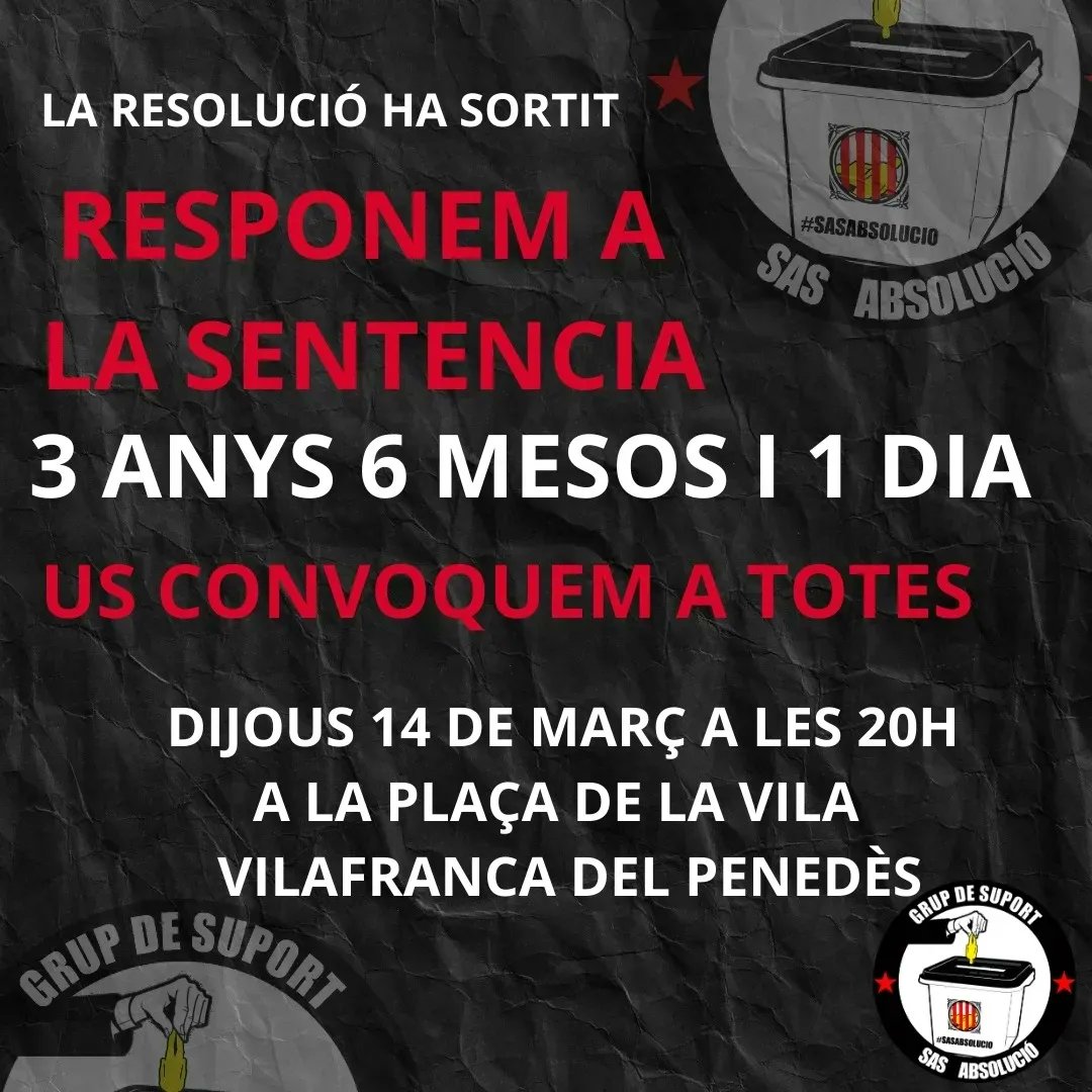 sasabsolucio's tweet photo. 🛑 Atenció. Comunicat oficial🛑

⚠️ Convoquem concentració de resposta avui a les 20h a la pl de la Vila. Vilafranca del Penedès. https://t.co/qHJ54CqIt6