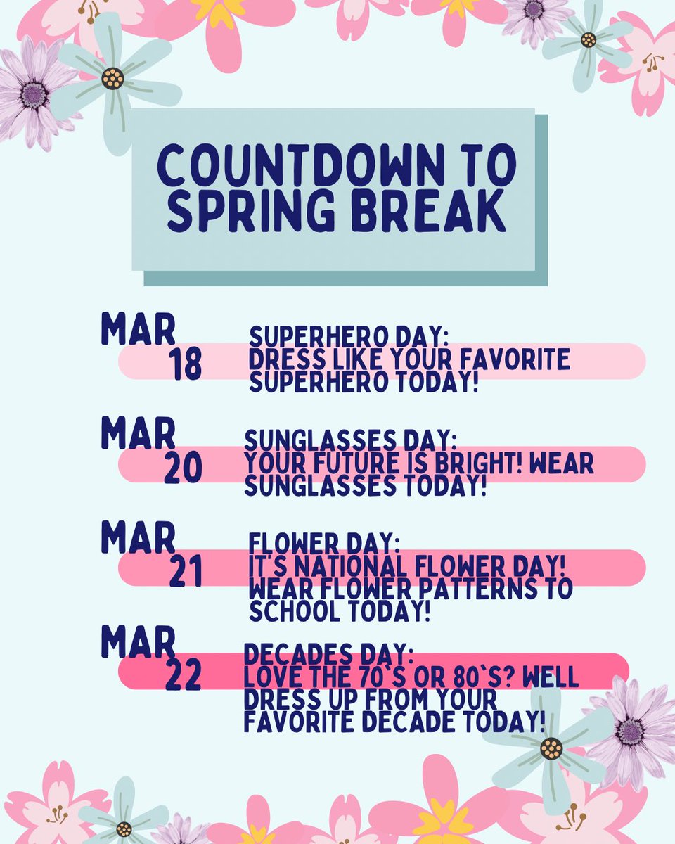 We’re looking forward to our Countdown to Spring Break with many fun spirit days!🦸‍♀️🦸‍♂️🕶️🌸🌼7️⃣0️⃣☎️📼📺 #thisisDirksen #weareDirksen #weBelong #weare54 Reminder - There will be no school on Tuesday, March 19th, due to Election Day.