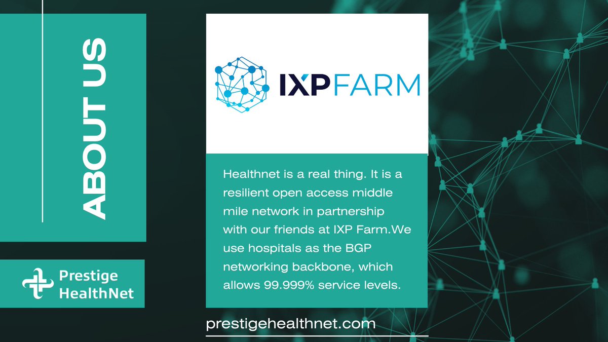 Healthnet is a real thing. It is a resilient open access middle mile network in partnership with our friends at IXP Farm. We use hospitals as the BGP networking backbone, which allows 99.999% service levels.

Learn more: prestigehealthnet.com

#PHN #Healthnet #MiddleMile #AL
