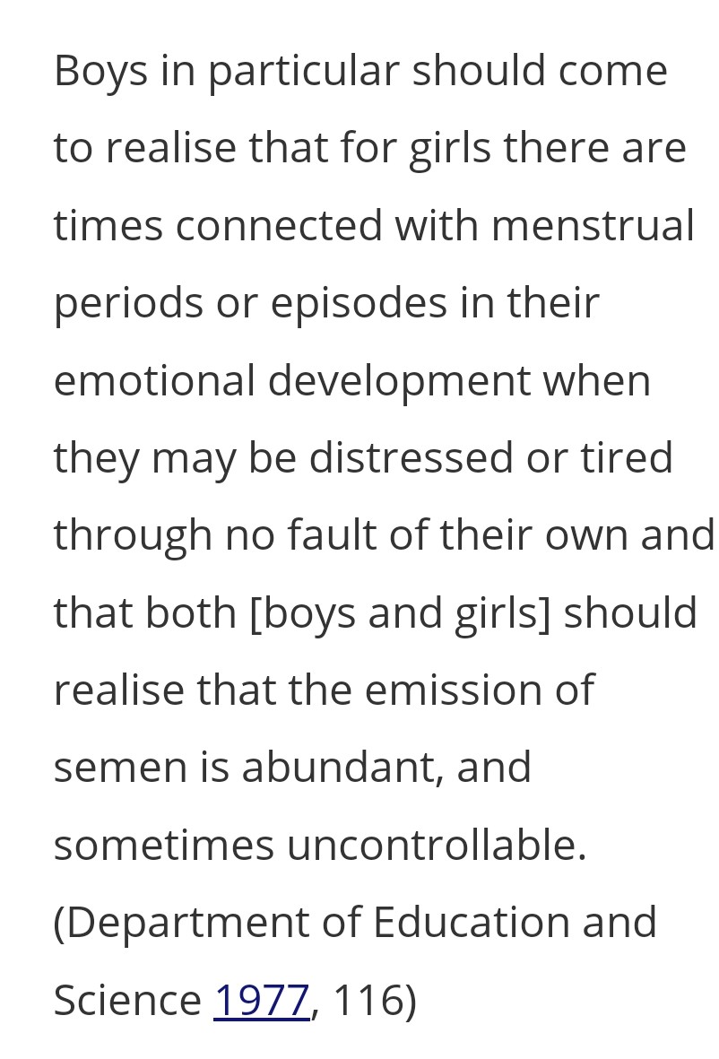 New paper out where I analyse conceptualisations of menstruation in English education policy 1928-2020...

Youth agency and conceptualizations of menstruation in English education policy 1928–2020 tandfonline.com/doi/full/10.10…

Featuring this quote from 1977 👀